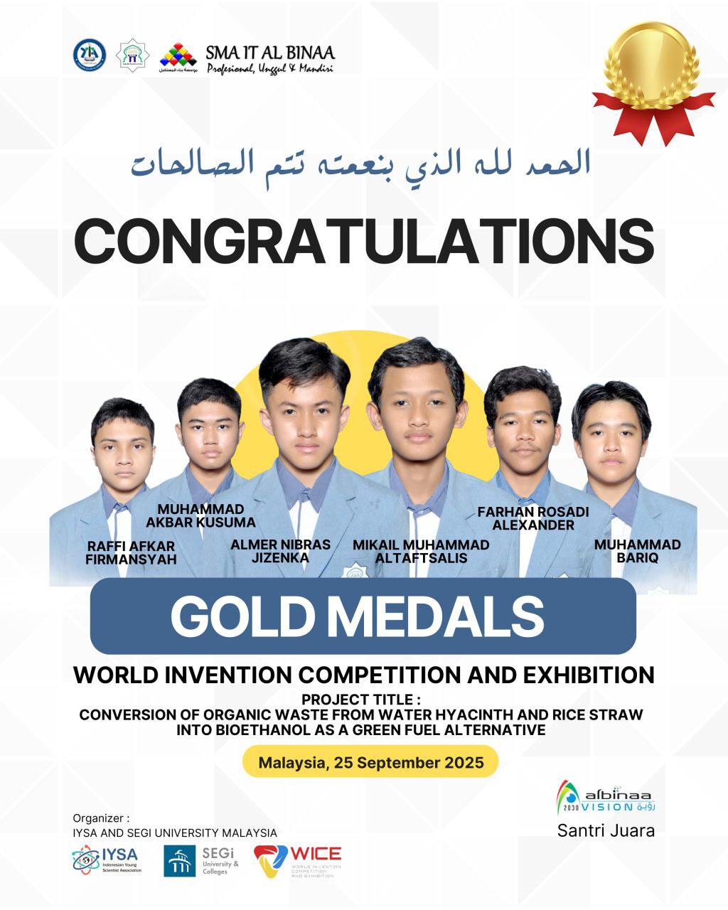 Santri SMA IT AL BINAA Borong Medali Emas dan Perak di Ajang Internasional WICE Malaysia 2025